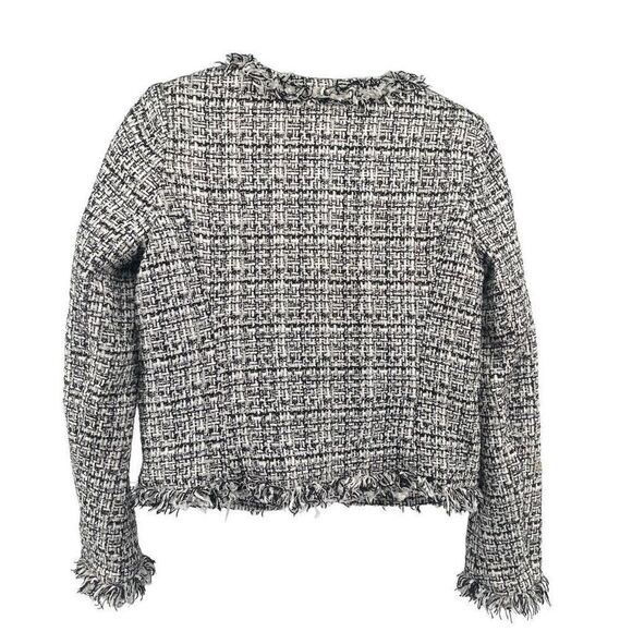 Cynthia Rowley Tweed Blazer Black White Gold Metallic Fringe Trim Jacket Medium - Picture 10 of 17